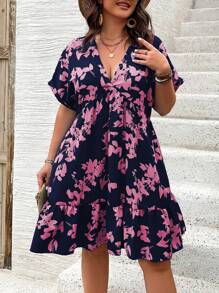 Breezaya Plus Size Casual Batwing Sleeve Allover Print Dress - Navy Blue - View 3
