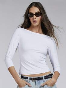 Athîral Áo Crop Top Tay Dài Cổ Thuyền Màu Trơn Cho Nữ - trắng - Xem 3