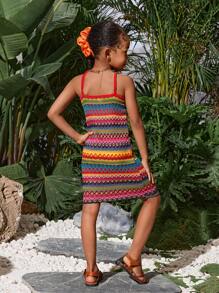 SHEIN Leap Crew SLAYR KIDS Young Girl Cute Geometric Knit Jacquard Sundress For Summer Holiday Mommy And Me Matching Outfits(3 Pieces Are Sold Separately) - Multicolor - View 2