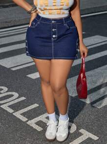SHEIN EZwear Plus Size Denim Mini Skirt, Sexy Bodycon Stretch, Blue, Springs For Women ,Summers For Women Cowgirls Holiday, Suitable For Summer - Blue - View 6