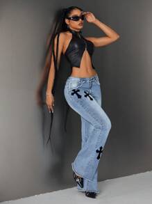 SHEIN ICON Women's Cross Pattern Fringed Flared Casual Jeans - Blue - View 6