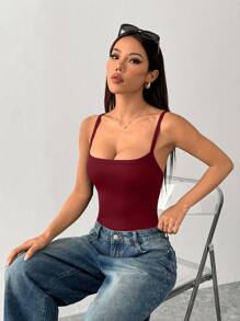 SHEIN PETITE Bộ đồ liền thân bó sát có dây đeo co giãn cao dành cho nữ - Màu Đỏ Sâu - Xem 5