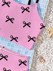 Tween Girls Cute Bow Printed Casual Minimalist Camisole & Triangle Bikini Swimwear Set, Pink, Suitable For Summer - Pink - View 4