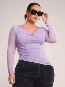 SHEIN BAE Women Plus Size Elegant Sexy Fashion Lavender Color Off Shoulder Hollow Ruched Fitted T-Shirt For Summer Outing