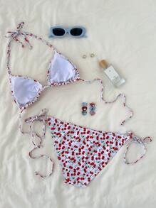 Swim Mod Conjunto de bikini con estampado de cerezas para mujer, ideal para playa y vacaciones