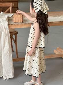 Dazy Kids 2pcs/Set Young Girl Polka Dot Sleeveless Top And Skirt Set, Summer Vacation - Apricot - View 6