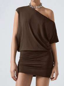 LYSMO Solid Color Asymmetric Collar Loose Fit Short Sleeve Dress - Brown - View 5