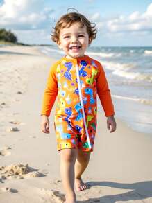 SHEIN 婴儿/幼儿可爱恐龙印花长袖前拉链防晒衣套装带太阳帽，适合水上乐园、度假、冲浪、海滩、游泳 - 橘色 - 查看 3