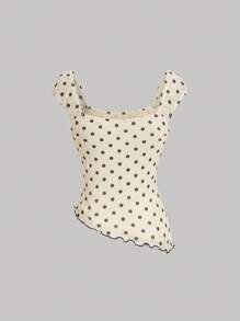 SHEIN MOD Asymmetric Bow Knot Ruched Hem Polka Dot Print Blouse