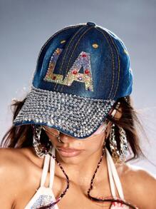 ROMWE Grunge Punk 1pc Rhinestone Embellished Baseball Cap, Y2K Style LA Logo Pattern, Casual Personalized Design Snapback Cap, Fashionable Everyday Wear - Multicolor - View 4