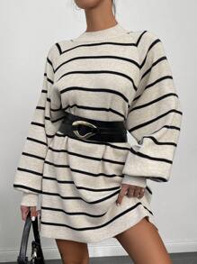 EURMUSE Striped Pattern Raglan Sleeve Sweater Dress Without Belt - Black and White - View 3