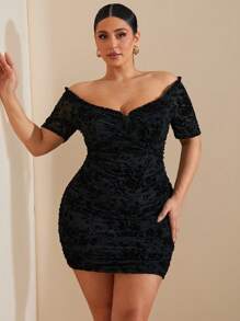 SHEIN BAE 大码女式黑色植绒网眼褶饰迷你连衣裙，性感紧身针织连衣裙，法式鸡尾酒会礼服，优雅简约的正式礼服，适合生日、伴娘、婚礼、派对 - 黑色 - 查看 1