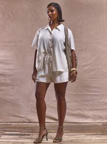 MUSERA 加大码宽松版型中长款系带短裤，仅限下装，可爱优雅商务休闲毕业典礼优雅正式早午餐假日亚麻优雅休闲日常穿着秋冬秋季