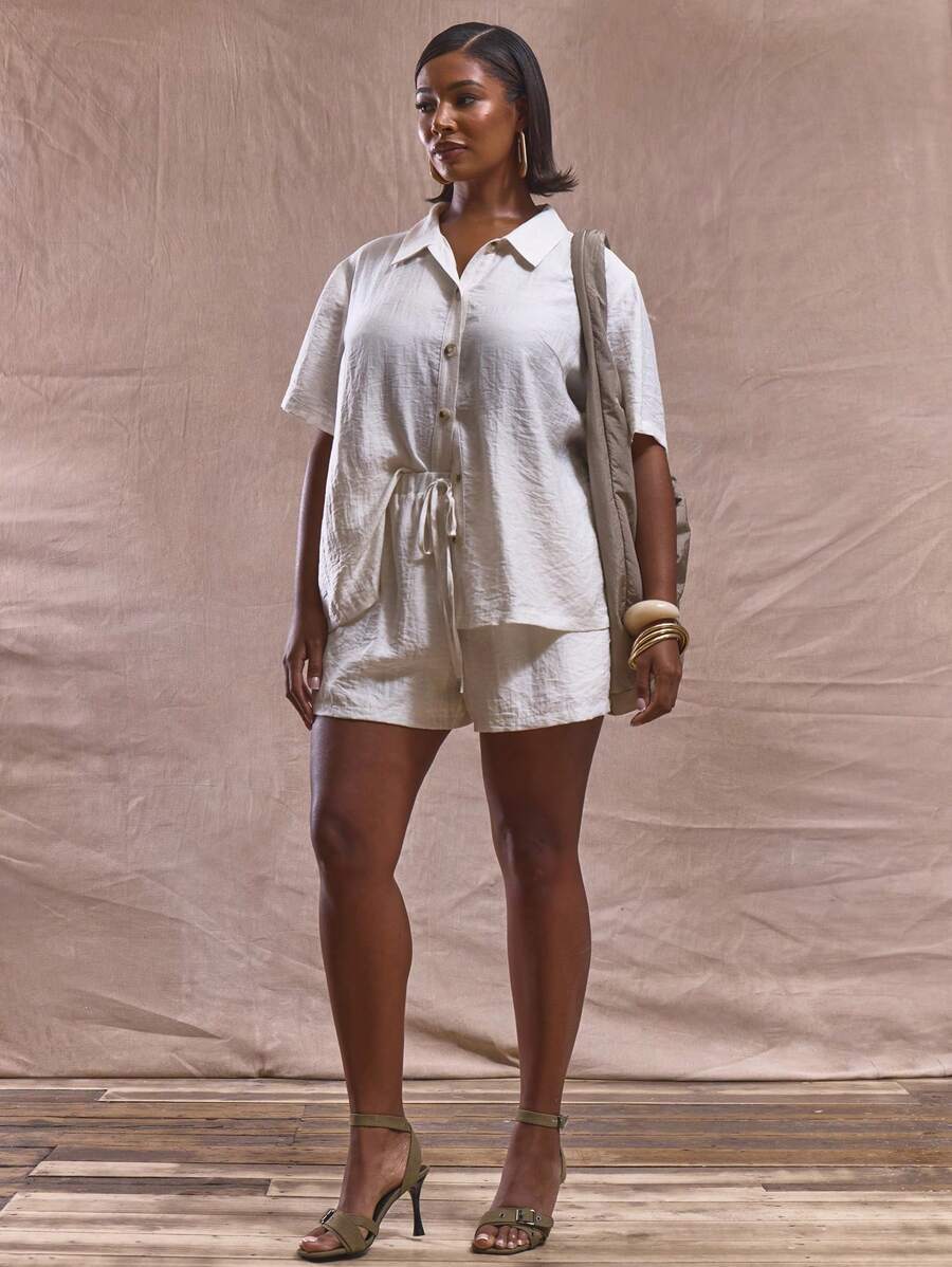 MUSERA 加大码宽松版型中长款系带短裤，仅限下装，可爱优雅商务休闲毕业典礼优雅正式早午餐假日亚麻优雅休闲日常穿着秋冬秋季