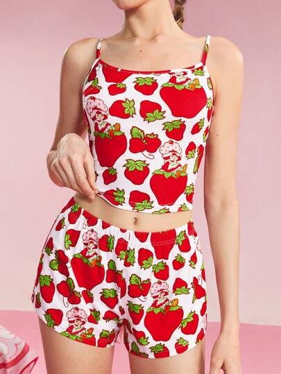 Strawberry Shortcake X SHEIN Women Strawberry Print Cami Top & Shorts Pajama Set, Halter Top, Workout Sets Women, Cute, Pink,Red,Spring And Summer