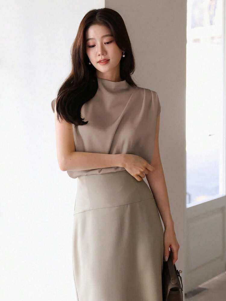 Elegant Casual Summer Solid Color Ruched Fitted Short Sleeve Women Shirt