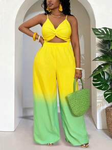 Slaydiva Combinaison / Barboteuse d'été pour femmes, grande taille / tenue occidentale, avec bloc de couleurs, torsion sur la poitrine, jambes larges / baggy, fluide / pantalon palazzo, bretelles fines