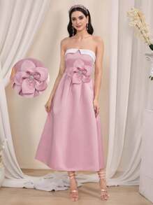 Coutiva Women Woven Two-Tone Patchwork 3D Floral Bandeau A-Line Party Dress, Wedding Guest Dress, Music Festival Spring/Summer, Prom Dress