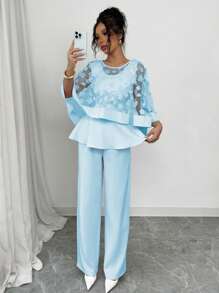 Elenzga Standard Size Women's Round Neck Butterfly Cape Decor Mesh Patchwork Top And Solid Straight Pants Two Pieces Set - Blue - View 1