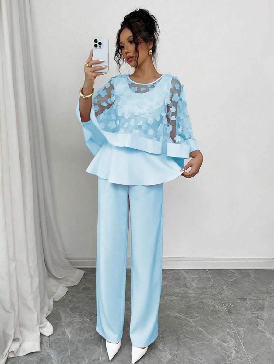 Elenzga Standard Size Women's Round Neck Butterfly Cape Decor Mesh Patchwork Top And Solid Straight Pants Two Pieces Set - Blue - View 1