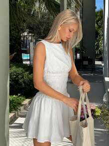 SHEIN EZwear Summer Sleeveless Ruched Waist Mini Dress - White - View 7