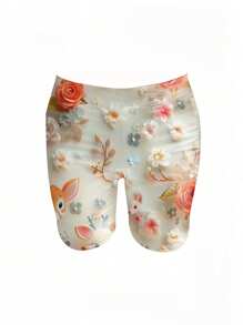SHEIN 2 件女式花卉印花落肩 T 恤和短裤休闲套装 - 白色 - 查看 4