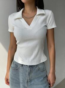 DAZY Dames effen kleur casual slim fit polo kraag korte mouw t-shirt wit top zomer