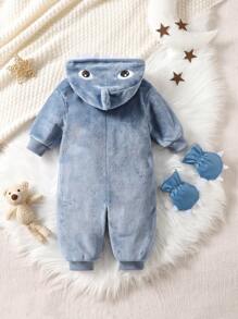 SHEIN Playful Pals 2 件装男婴蓝色和白色毛绒怪物爪子设计连帽连体衣带手套、长袖和裤子家居服套装 - 霧霾藍 - 查看 2