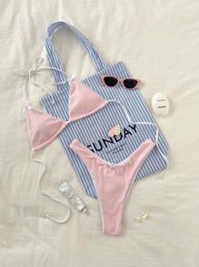Swim Mod Women's Sweet Striped Print Triangle Pink Bikini Set, For Summer Beach Vacation - Baby Pink - View 1