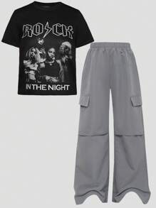 SHEIN Ensemble oversize à épaules tombantes t-shirt à manches courtes hip-hop et pantalon cargo ample à jambes larges plissées pour adolescentes