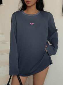 SHEIN EZwear 女士圆领长袖印花休闲宽松 T 恤 - 深灰色 - 查看 3