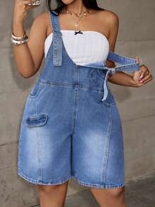 Dripcurv Plus Size Denim Bib Overalls, Casual Fitted 3/4 Shorts, Blue,Year-Round,For Spring/Summer Holiday,Suitable For Summer,Blue Summer,Vacation Outfits Woman,Easter,Spring,Western,Office Outfits For Women,Rave Outfits,Baby Shower Dress,Cottagecore,Country Outfits Women, Chic,Dresses For Women Elegant,Beach Dress,Graduation Dress,Vacation Dress,Easter Dress,Sundress - Blue - View 1