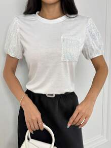 Chiquease 2025春夏泡泡袖圆领修身T恤 - 白色 - 查看 5