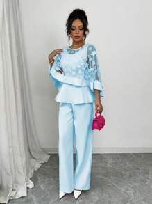 Elenzga Standard Size Women's Round Neck Butterfly Cape Decor Mesh Patchwork Top And Solid Straight Pants Two Pieces Set - Blue - View 5