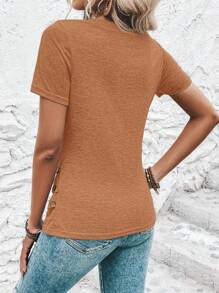 SHEIN Clasi Maglietta casual da donna con scollo a V, maniche corte, con design arricciato con bottoni sui lati