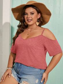 SHEIN Frenchy 大码橄榄绿色露肩领口休闲夏季 T 恤乡村音乐会上衣