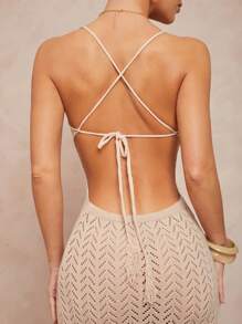 Lumalex Spring Outing Summer Swimsuit Swimwear Swim Vacation Elegant Easter Bohemian BOHO Sea Beach Hot Outdoor Richly Layered Wedding Season Banquet Coming Of Age Ceremony Beach Seaside Women Tie Front Top Solid Color Hollow Out Backless Slim Fit Sleeveless Knitted Dress Mesh Dresses For Women