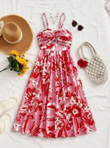 Soleia Váy midi chữ A thắt nơ cổ chữ V, dây mảnh cho kỳ nghỉ dành cho nữ WYWH, váy liền thân không tay họa tiết hoa nhiệt đới màu hồng và đỏ - Hồng - Xem 3