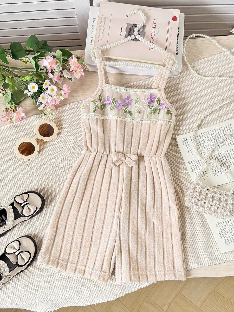 Young Girls Elegant Embroidered Mesh Decor Fuzzy Rib Knit Cami Romper, Summer