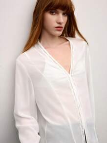 BizChic 女士春夏优雅雪纺花卉蕾丝拼布系带 V 领长袖衬衫，适合日常、工作、约会、通勤、度假