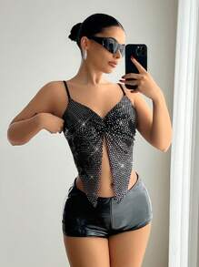 EgrlEra Damska, jednolita, lśniąca, przezroczysta koszulka na ramiączkach - Czarne - Zobacz 3