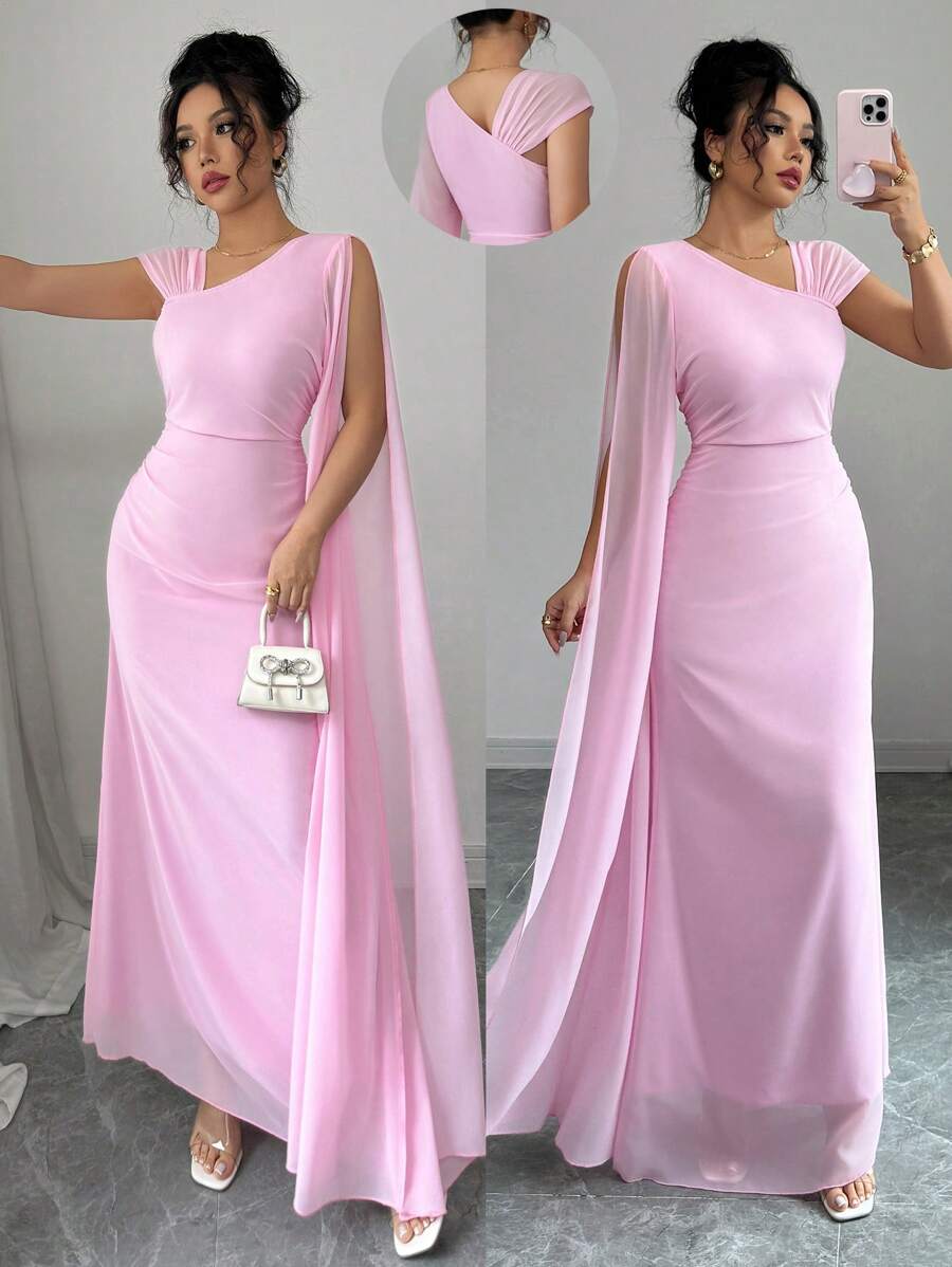 Rafferiza 优雅百搭派对不对称褶皱不对称肩部收腰连衣裙