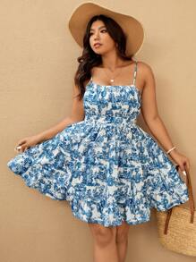 Elaquor Plus Size Vacation Casual All-Over Print Cinched Waist Cami Dress