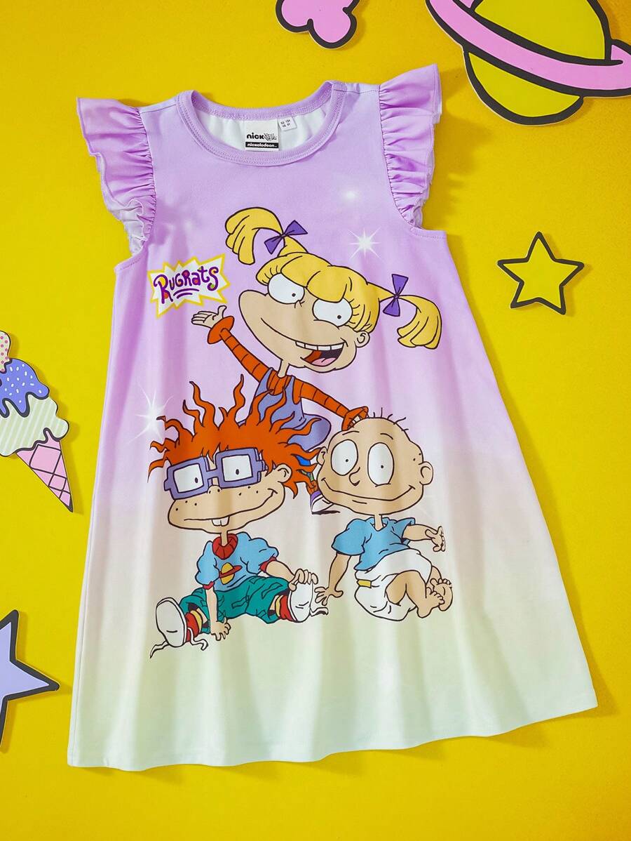 Nick 90s | SHEIN Young Girl Cartoon & Star Yellow & Purple Print Cute Short Sleeve Dress - Mauve Purple - View 1
