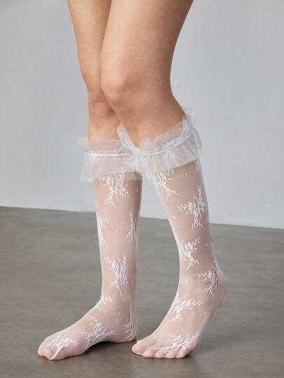 Kawaii 1 par de calcetines media-caña blancos de malla con encaje floral, calcetines con estampado de enredadera floral transparente, estilo versátil universitario para mujer