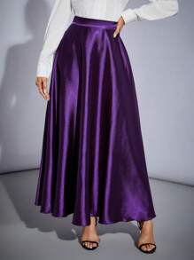 SHEIN Tall 高腰纯色喇叭裙派对女式大码下摆半身裙 - 紫色 - 查看 6