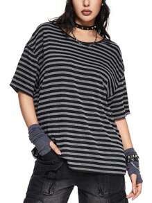 ROMWE Grunge Punk Women Punk Music Festival Striped Round Neck Short Sleeve Loose Fitting T-Shirt In Black And Gray - Black - View 3