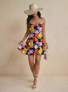 Whitebread Flower Print Vacation Spaghetti Strap Summer Beach Women Short Dress - Multicolor - View 4