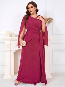 SHEIN Clasi Plus Size Women Solid Color Round Neck Split Sleeve Waist Twist Elegant Dress - Red Violet - View 10