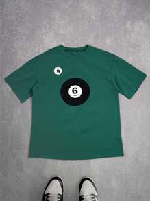 SHEIN Unity 街头服饰简约纯色台球数字 6 9 印花圆领 T 恤 - 綠色 - 查看 3